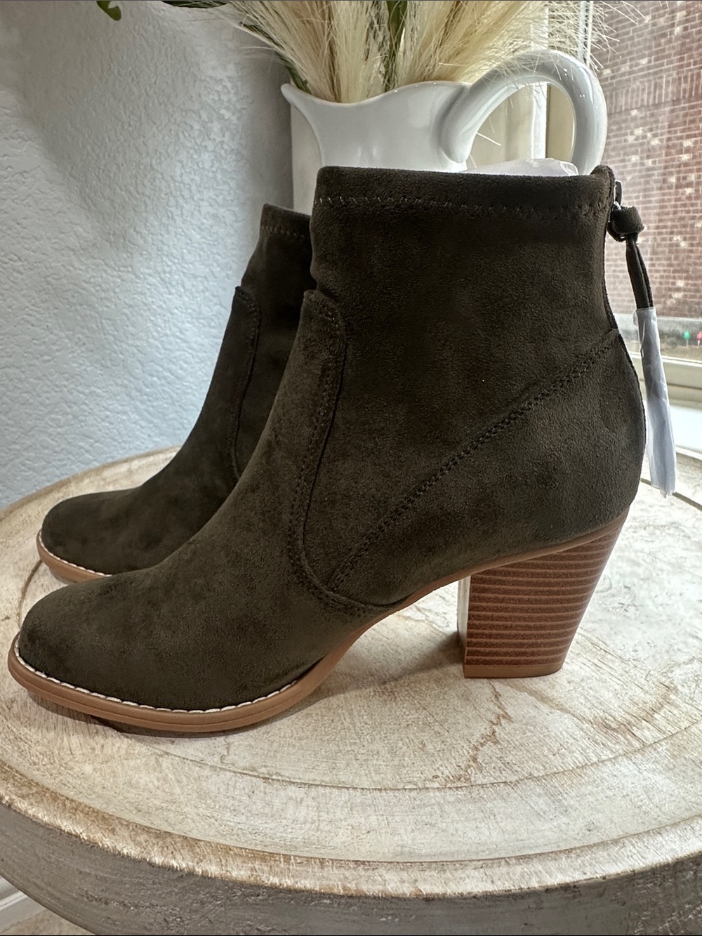 Olive Suede Stacked Heel Ankle Booties